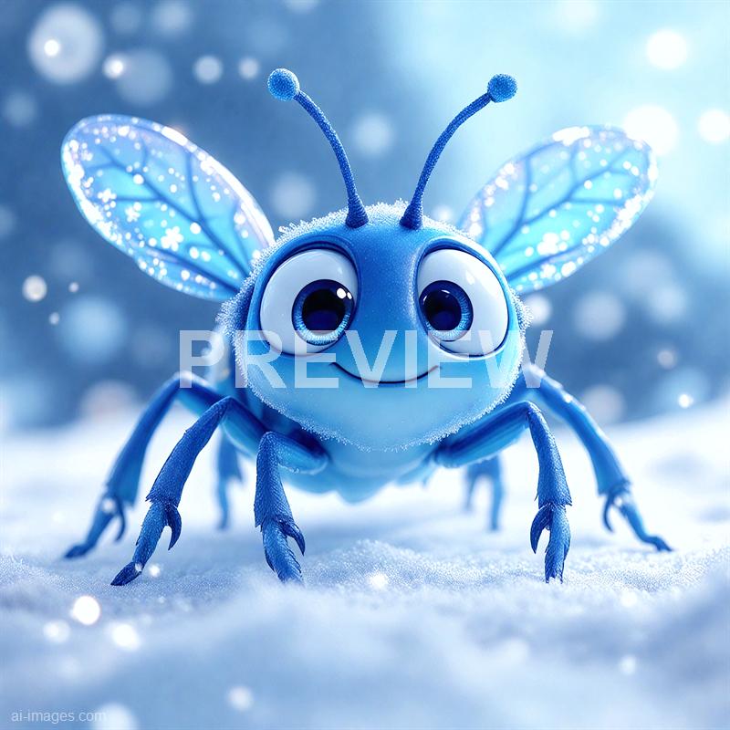 A cute, animated blue insect with large, expressive eyes and a friendly smile is depicted standing on a snowy surface. Its delicate, semi-transparent wings with intricate vein patterns are slightly frosted and illuminated by a soft, bluish light, with a background filled with bokeh effects creating a whimsical, wintery atmosphere. The insect's antennae are long and curved, topped with small round tips, adding to its charming and playful appearance.